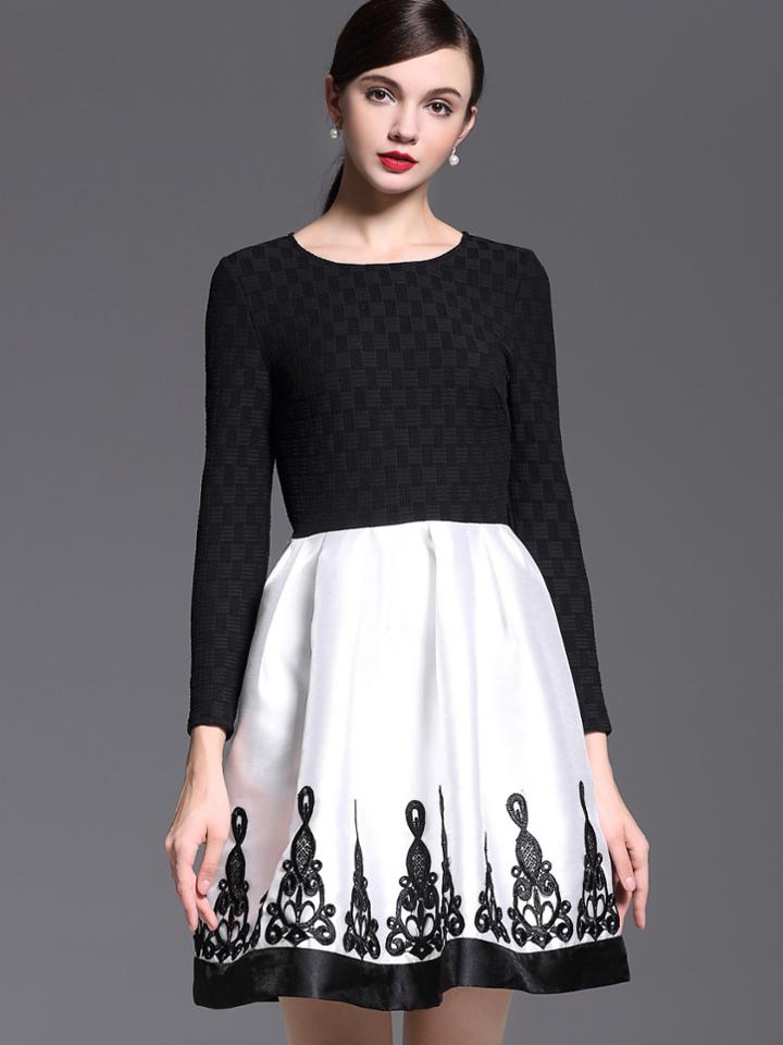 Shein White Black Round Neck Long Sleeve Embroidered Dress