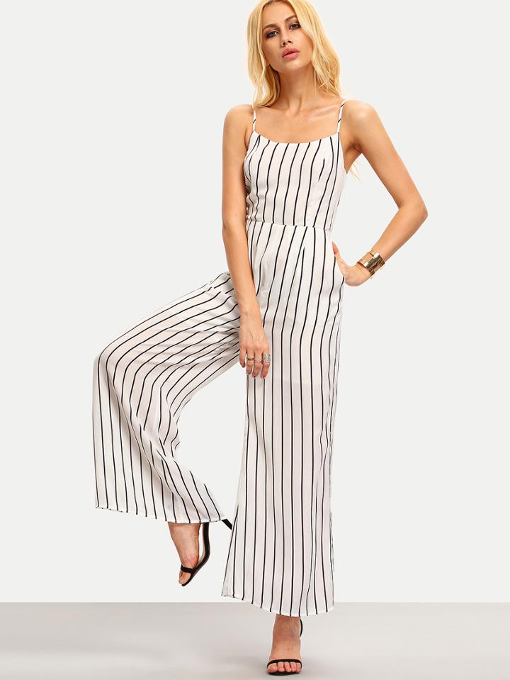 Shein Black White Vertical Striped Spaghetti Strap Jumpsuit