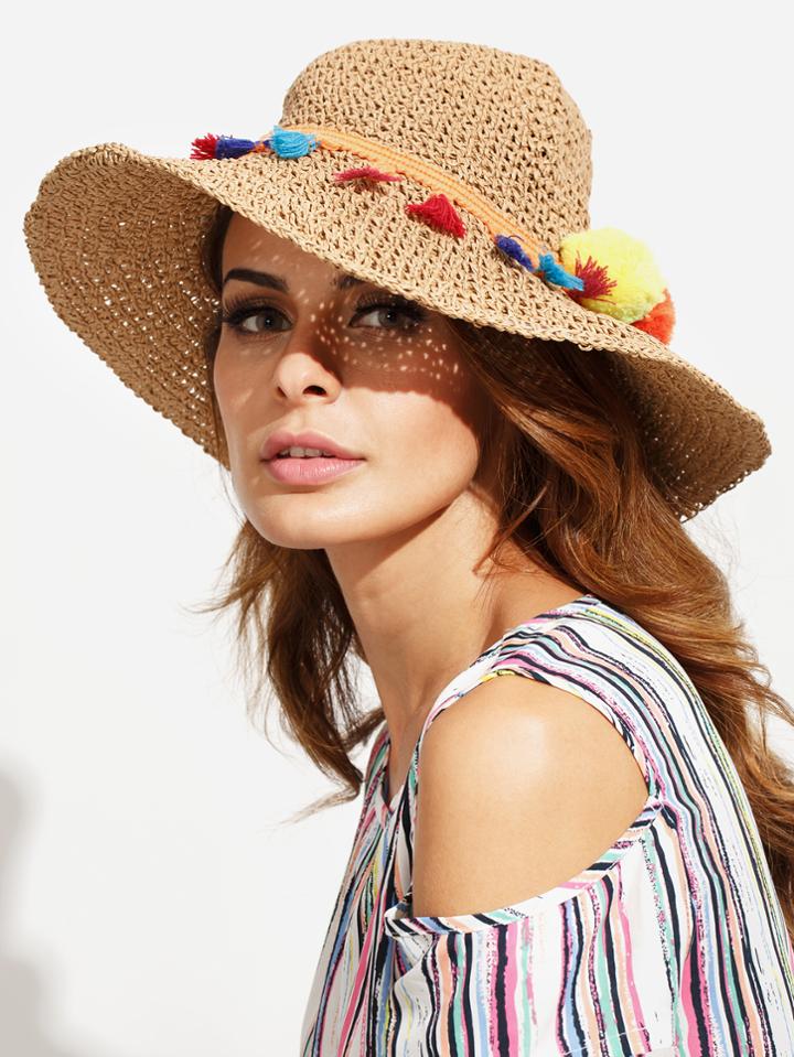 Shein Coffee Tassel Pom-pom Trim Large Brimmed Straw Hat