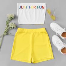 Shein Slogan Print Tube Top With Shorts
