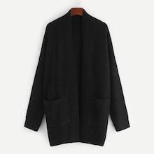 Shein Pocket Patched Open Front Waffle Knit Cardigan