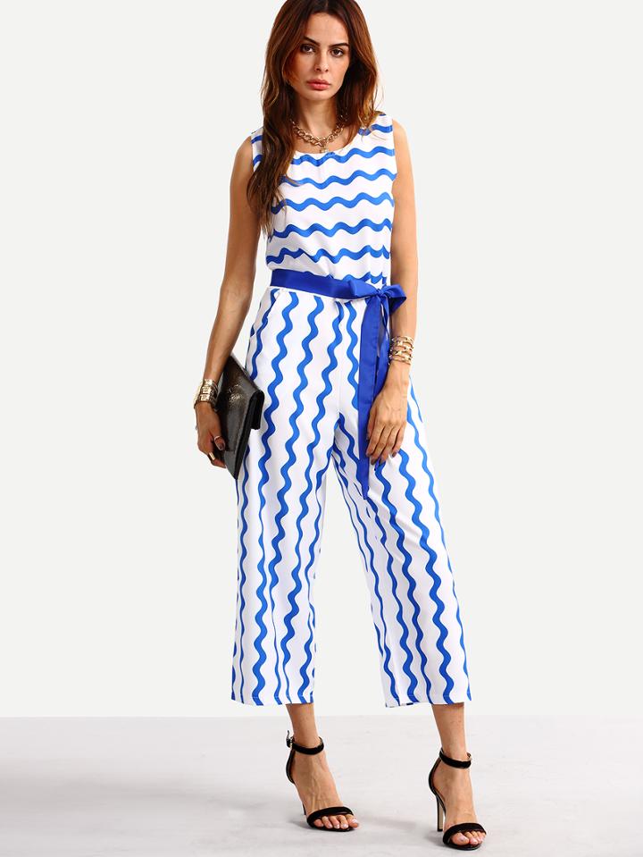 Shein Self-tie Blue Wave Striped Jumpsuit