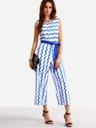 Shein Self-tie Blue Wave Striped Jumpsuit