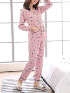 Shein Contrast Collar Cartoon Print Shirt & Pants Pj Set
