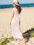 Shein White Pom-pom Decorated Short Sleeve Long Dress