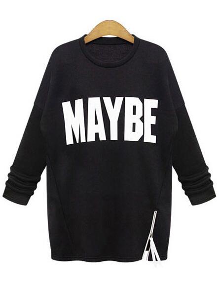 Shein Black Round Neck Letters Print Zipper Plus Sweatshirt