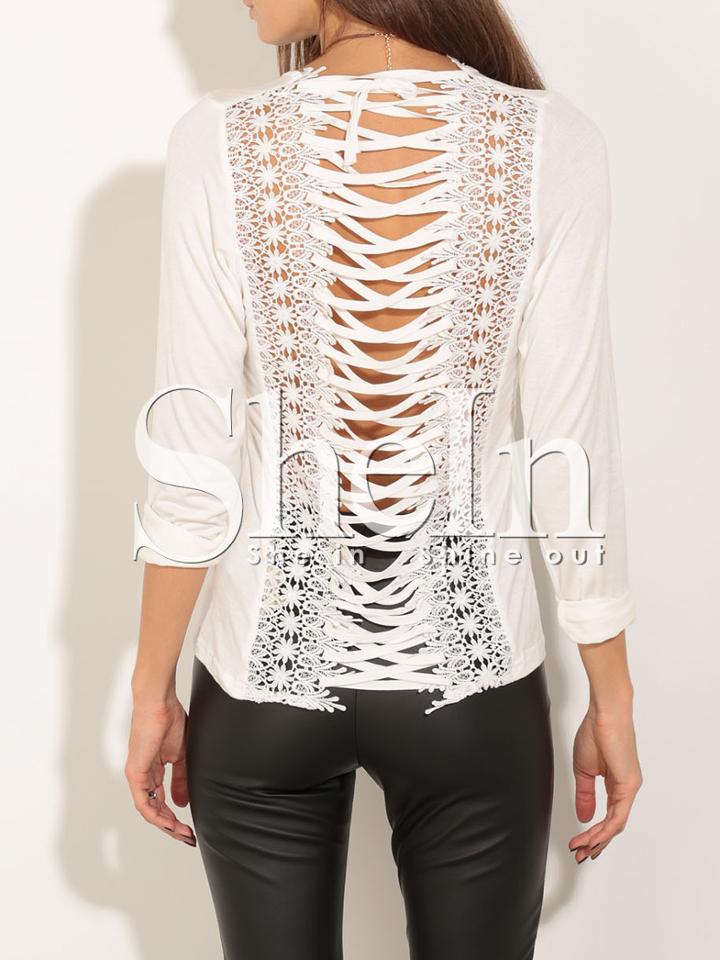 Shein White Criss Cross Lace Eyelet Back Blouse