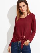 Shein Burgundy Drop Shoulder Lattice Back Knotted Hem T-shirt