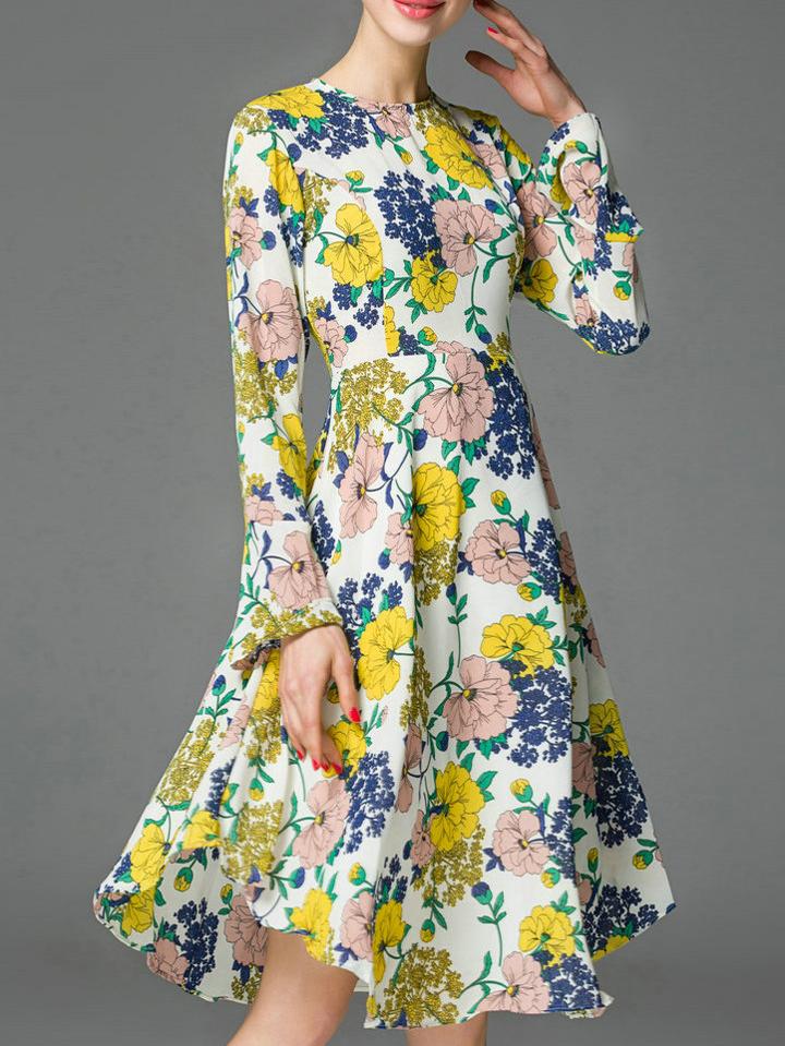 Shein Yellow Bell Sleeve Floral A-line Dress