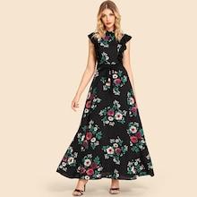Shein Ruffle Trim Self Belted Flower Print Collar Dress