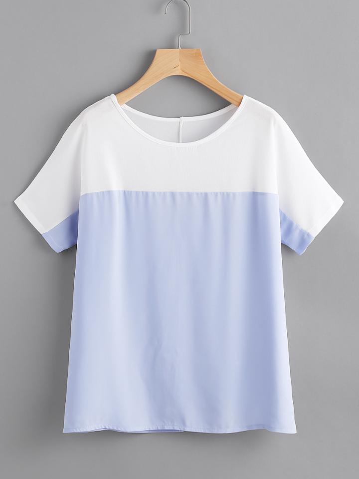 Shein Color Block Split Back Chiffon Blouse
