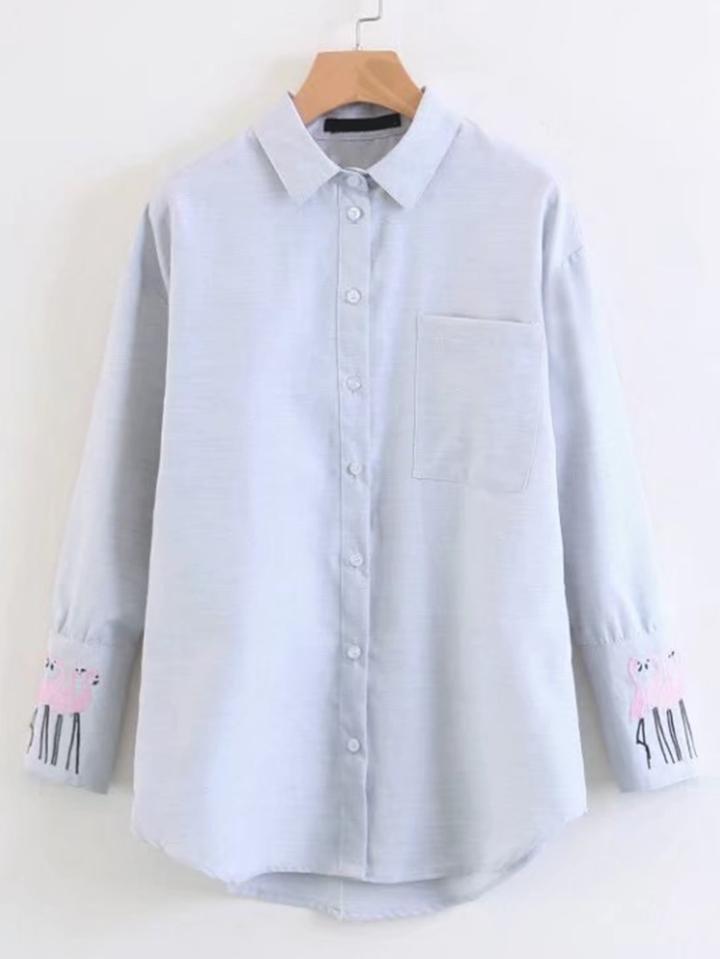 Shein Flamingo Embroidery Dolphin Hem Blouse