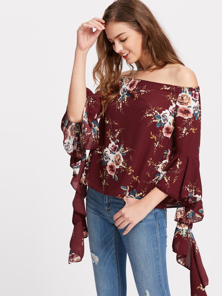 Shein Florals Print Bell Sleeve Bardot Top