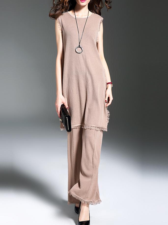 Shein Apricot Fringe Knit Top With Pants