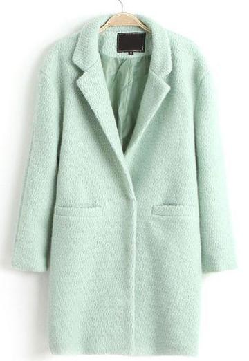 Shein Mint Green Lapel Double Pocket Longline Wool Coat