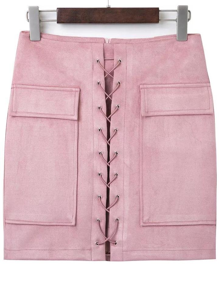Shein Pink Lace Up Suede Skirt With Pocket