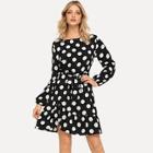 Shein Waist Belted Polka Dot Ruffle Hem Dress