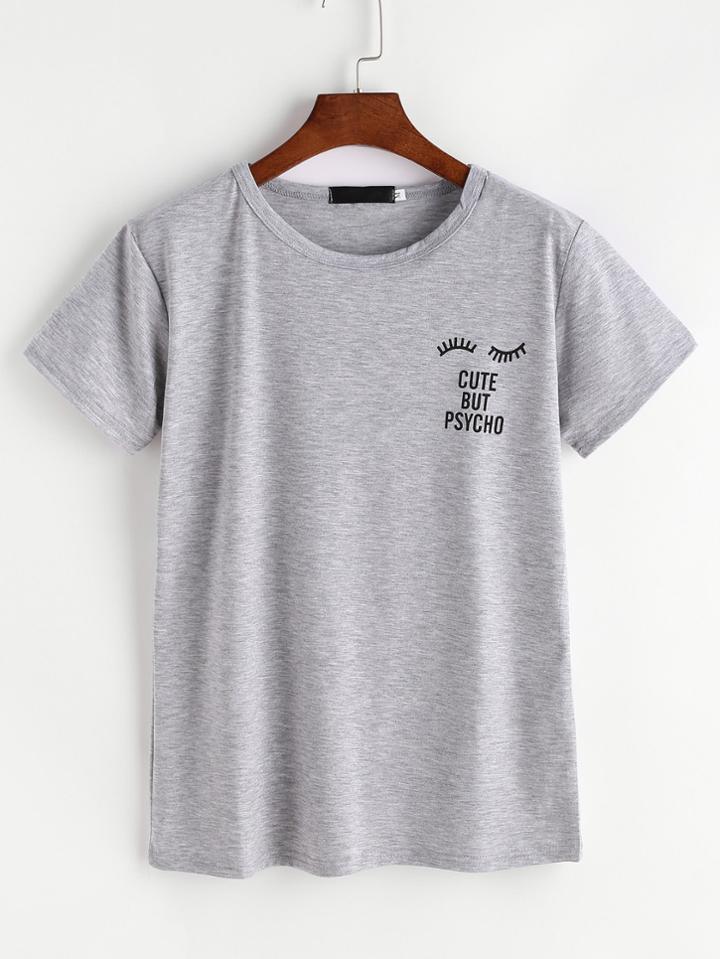Shein Grey Eyelashes And Letter Print T-shirt