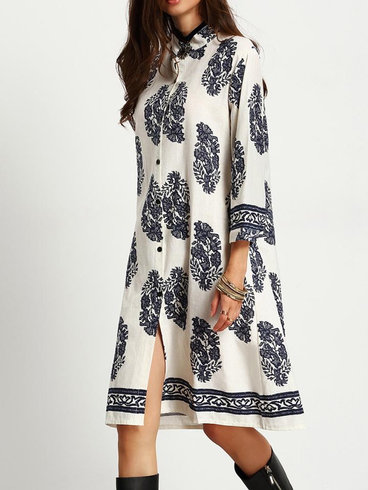 Shein White Leaves Print Shirt Dress