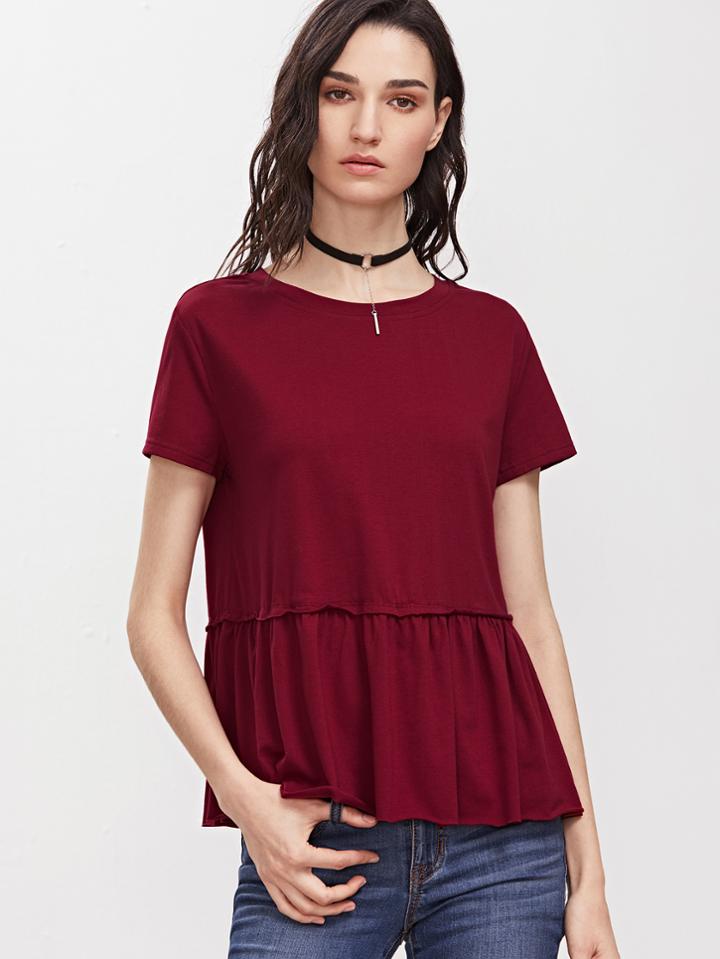 Shein Burgundy Short Sleeve Ruffle Hem T-shirt