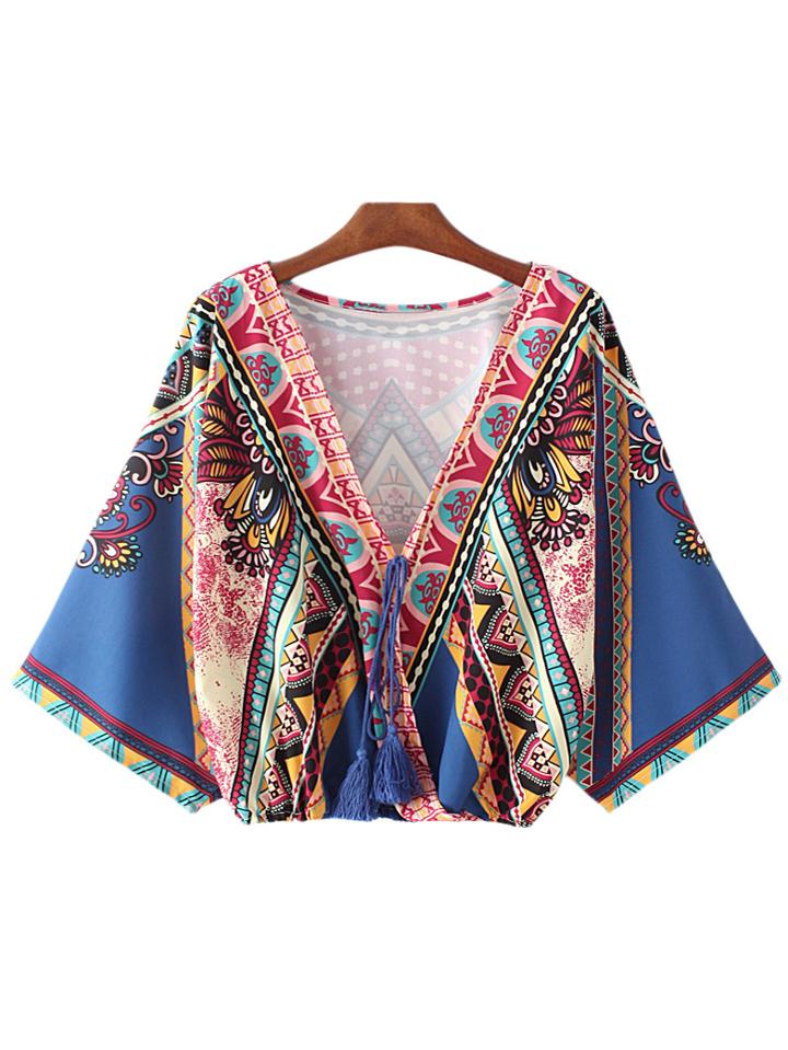 Shein Multicolor Batwing Sleeve Tie-neck Tassel Print Blouse