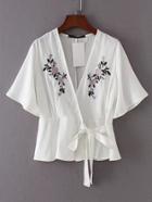 Shein Kimono Sleeve Tie Waist Embroidery Top