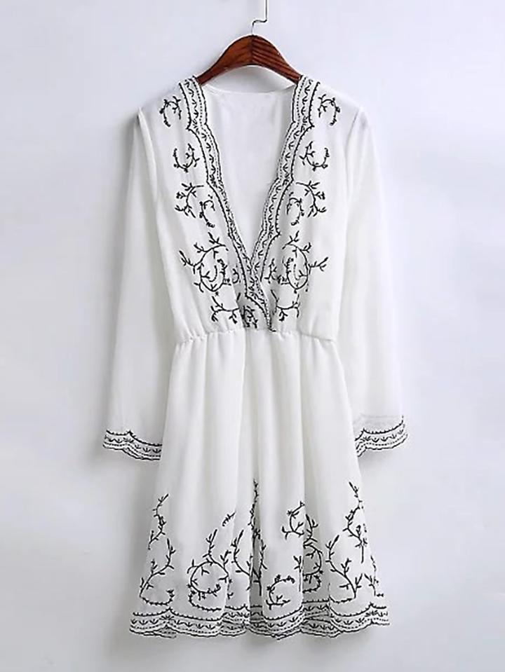 Shein Plunging V-neckline Embroidery Dress