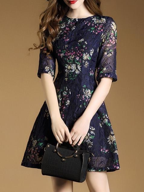 Shein Navy Mesh Flowers Print A-line Dress