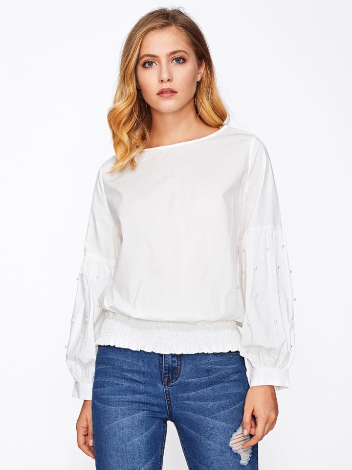 Shein Pearl Beaded Lantern Sleeve Shirred Hem Top