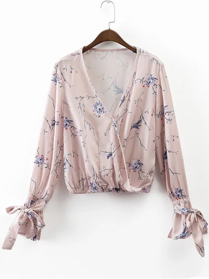 Shein Plunge Tie Bell Cuff Floral Print Draped Blouse