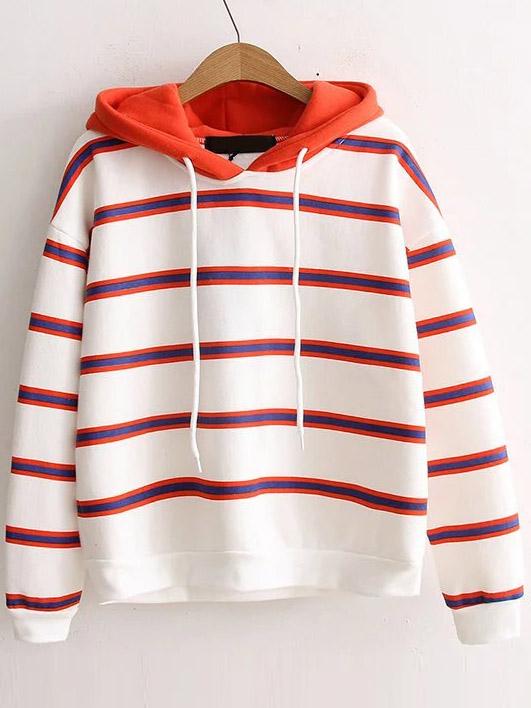 Shein Red Striped Hooded Casual Sweatshirt