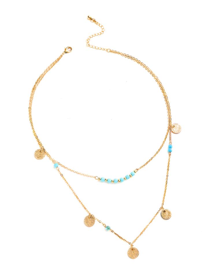 Shein Beaded And Coin Fringe Pendant Layered Necklace