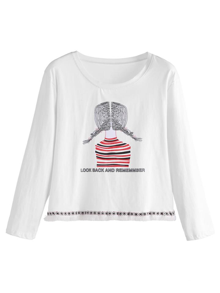 Shein White Girl Print Embroidered Tape Detail Fringe T-shirt