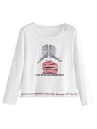 Shein White Girl Print Embroidered Tape Detail Fringe T-shirt