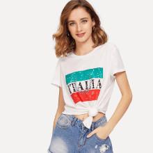 Shein Mixed Print Knot Dip Hem Tee