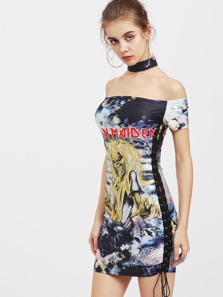 Shein Grommet Lace Up Side Graphic Dress With Choker