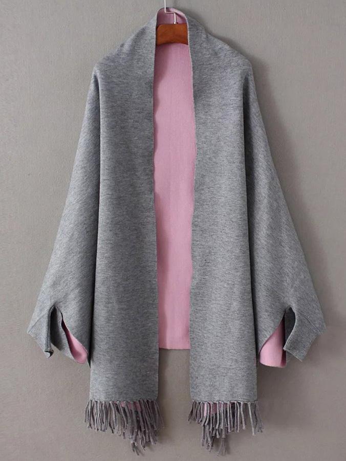 Shein Grey Open Front Fringe Hem Poncho Sweater