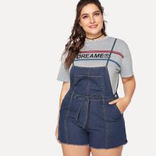 Shein Plus Raw Hem Denim Overall Shorts With Slim Belt
