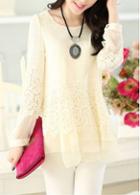 Rosewe Beige Long Sleeve Round Neck Lace Blouse