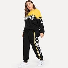 Shein Plus Color Block Letter Pullover & Pants Set