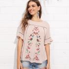Shein Lace Insert Flower Embroidered Top