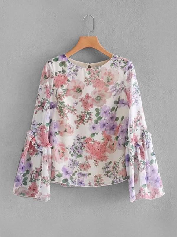 Shein Frill Trim Florals Chiffon Blouse