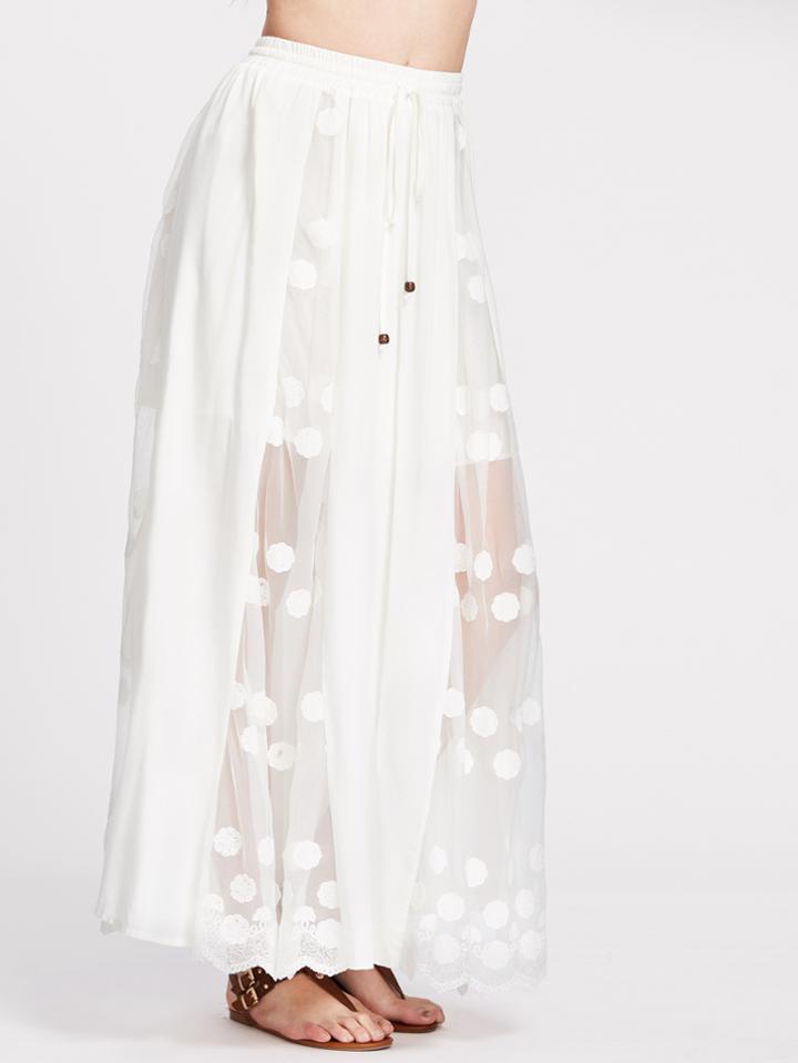 Shein Drawstring Smocked Waist Embroidered Mesh Paneled Skirt