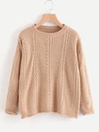Shein Drop Shoulder Roll Trim Cable Knit Sweater