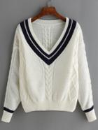 Shein White V Neck Striped Trim Sweater