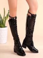 Shein Black Patent Leather Lace Up Knee Boots
