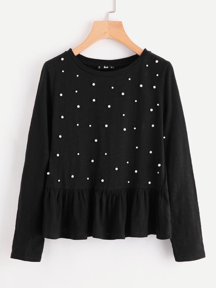 Shein Pearl Embellished Ruffle Smock Top