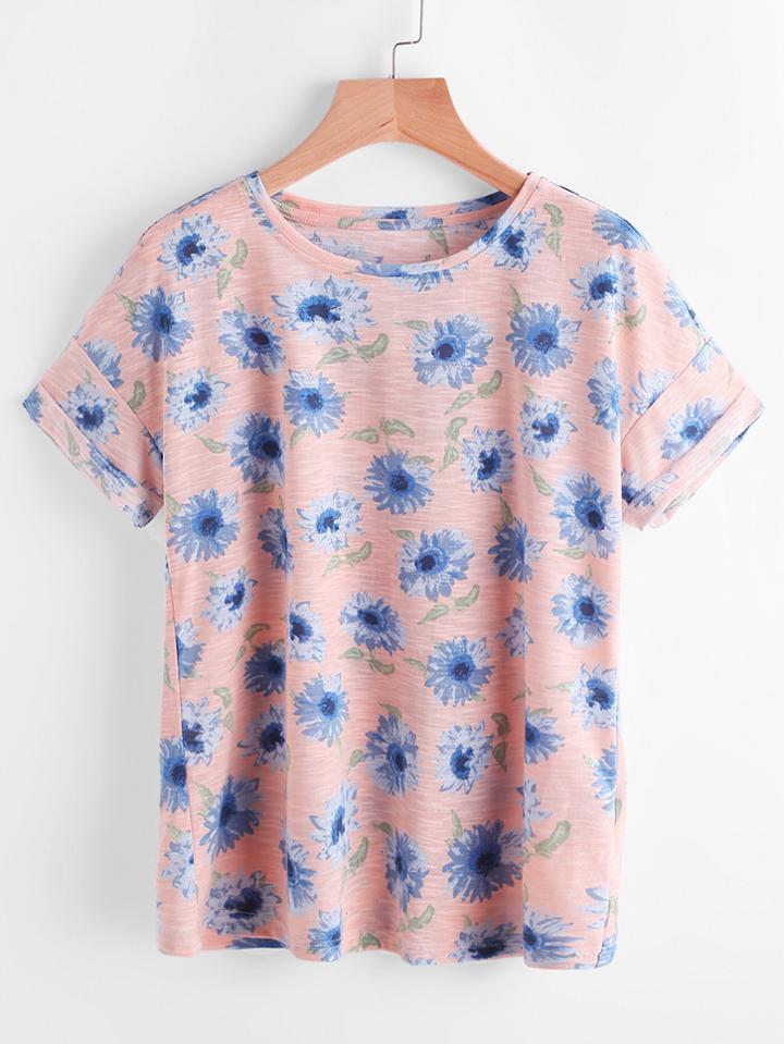 Shein Ditsy Print Drop Shoulder Slub Tee