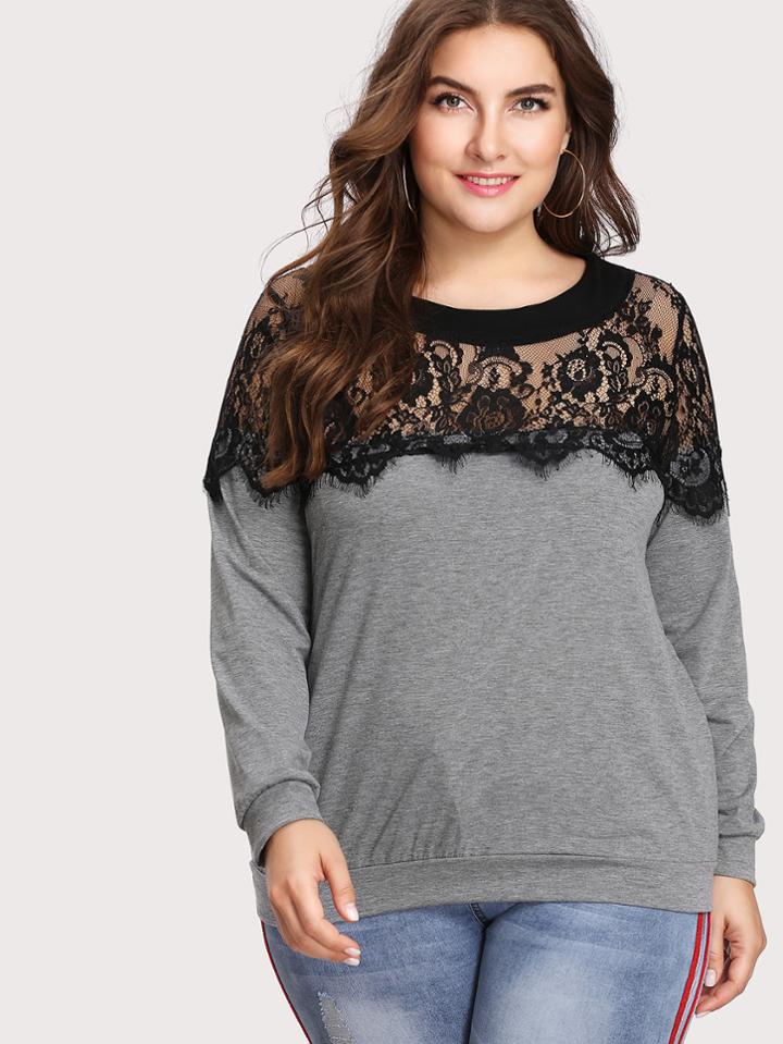 Shein Lace Panel Yoke Sweatshirt