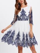 Shein Embroidered Mesh Overlay Fitted & Flared Dress